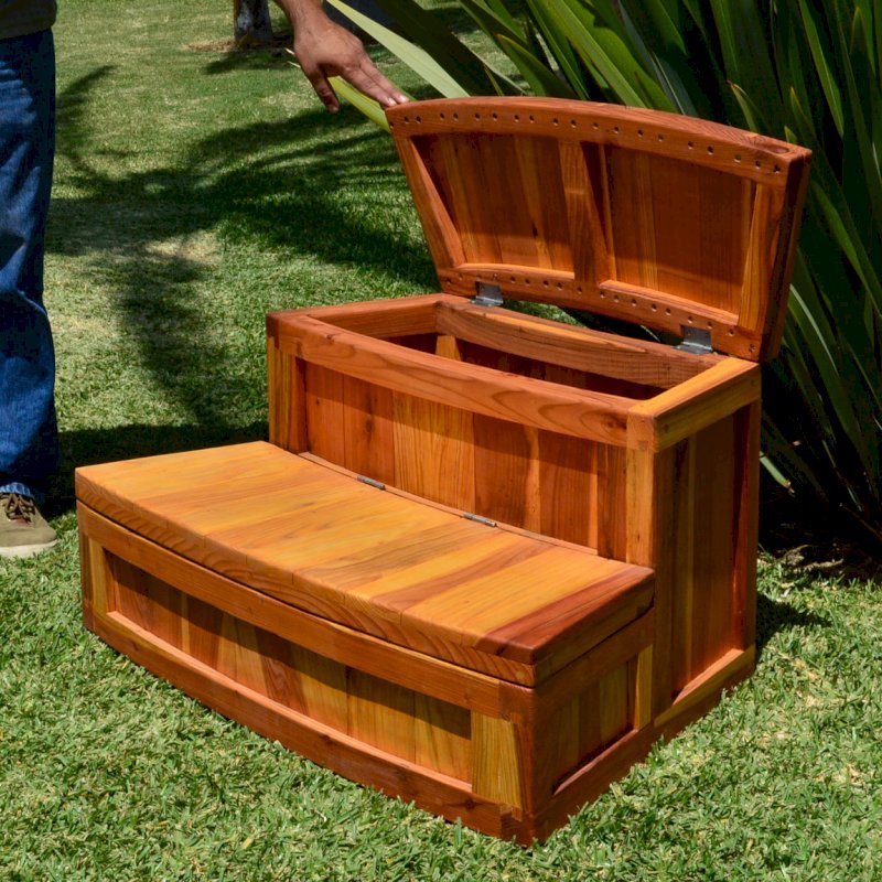 Custom Circular Wooden Spa Step - Storage Design (Options: California Redwood, Transparent Premium Sealant). Note: this is a custom order, contact us if you want something similar. Custom Circular Wooden Spa Step - Storage Design (Options: California Redwood, Transparent Premium Sealant). Note: this is a custom order, contact us if you want something similar.