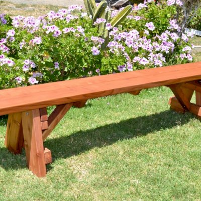 Classic Wooden Picnic Bench (Options: 7 ft, 15 inches H, Mature Redwood, Slightly Rounded Corners, No Engraving, Transparent Premium Sealant).