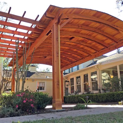 Custom Fat Timber Wood Pavilion Kits (Options: 24' L x 16' Arc W [Garden Pergola is 10' L x 15' W], California Redwood, 2 Post Electrical Wiring Trim, 6-Post Anchor Kit for High-Wind, With 2 Ceiling Fan Bases, No Privacy Panels, No Curtain Rods, 10 ft Post Height, Transparent Premium Sealant). Photo Courtesy of Jeff A. of San Ramon, CA.