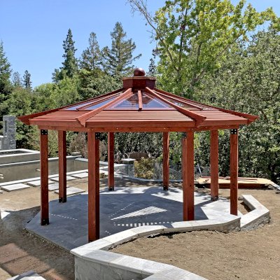 Custom Wood Pavilion Kits (Options: 20' Diameter, Mature Redwood, with a Ceiling Fan Base, with Louvers and Rain Guard, Post Anchor Kit for High-Wind, Transparent Premium Sealant).