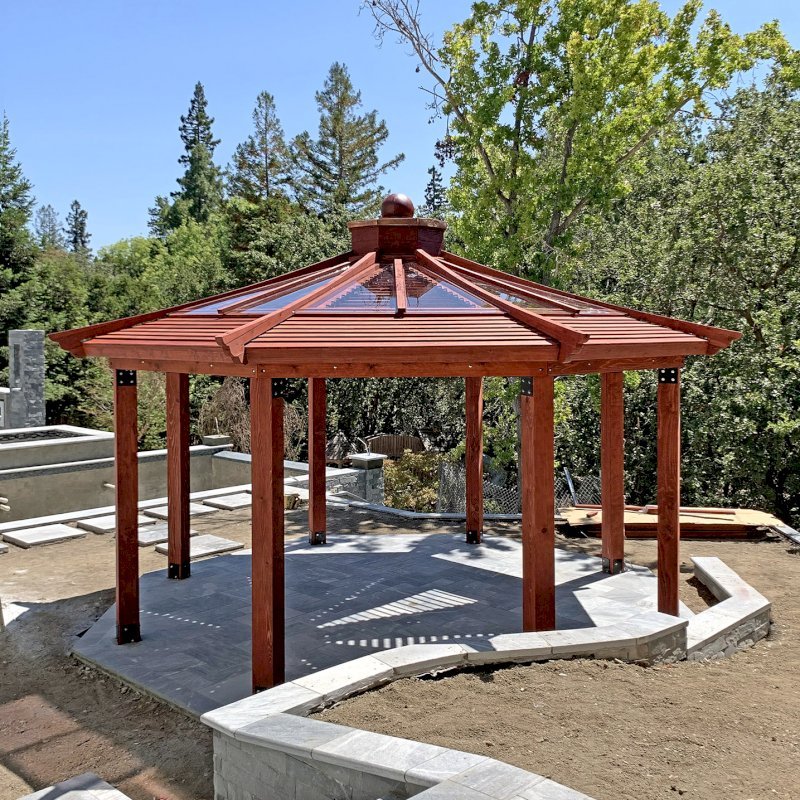 Custom Wood Pavilion Kits (Options: 20' Diameter, Mature Redwood, with a Ceiling Fan Base, with Louvers and Rain Guard, Transparent Premium Sealant). Custom Wood Pavilion Kits (Options: 20' Diameter, Mature Redwood, with a Ceiling Fan Base, with Louvers and Rain Guard, Transparent Premium Sealant).