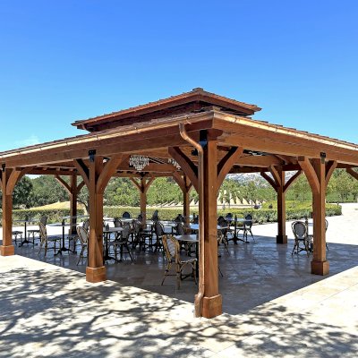 Custom Wood Pavilion (Options: 35' x 25', Douglas-fir, Post Anchor Kit for High-Wind, 8x8 Posts, 8' H Posts, No Decorative Trims for Posts, with Ceiling Fan Bases, Custom Copper Roof and Gutters, Custom Finish). Photo Courtesy of Jordan Vineyard & Winery, 1474 Alexander Valley Rd, Healdsburg, CA.