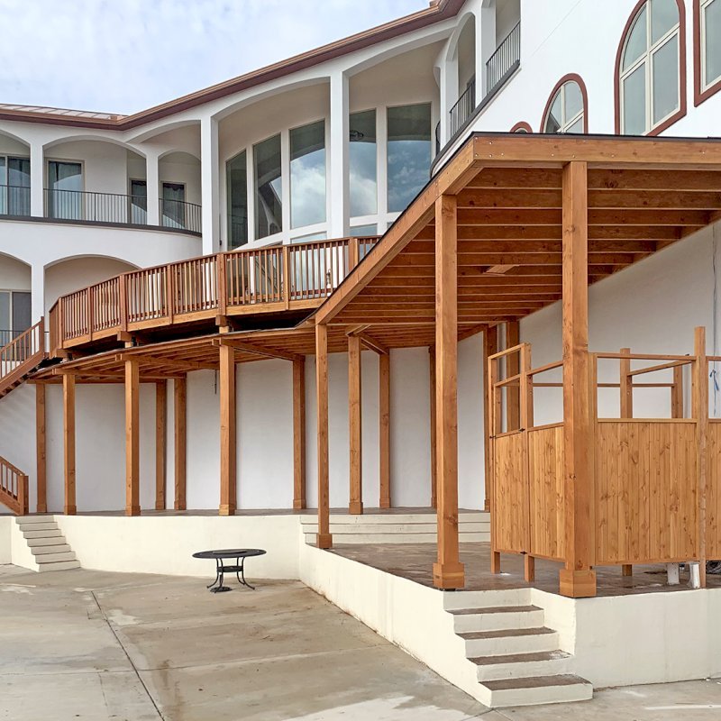Custom Wood Pavilion Kit with Stairs, Deck with Railings and Privacy Panels (Options: Douglas-fir & California Redwood, Transparent Premium Sealant). Custom Wood Pavilion Kit with Stairs, Deck with Railings and Privacy Panels (Options: Douglas-fir & California Redwood, Transparent Premium Sealant).
