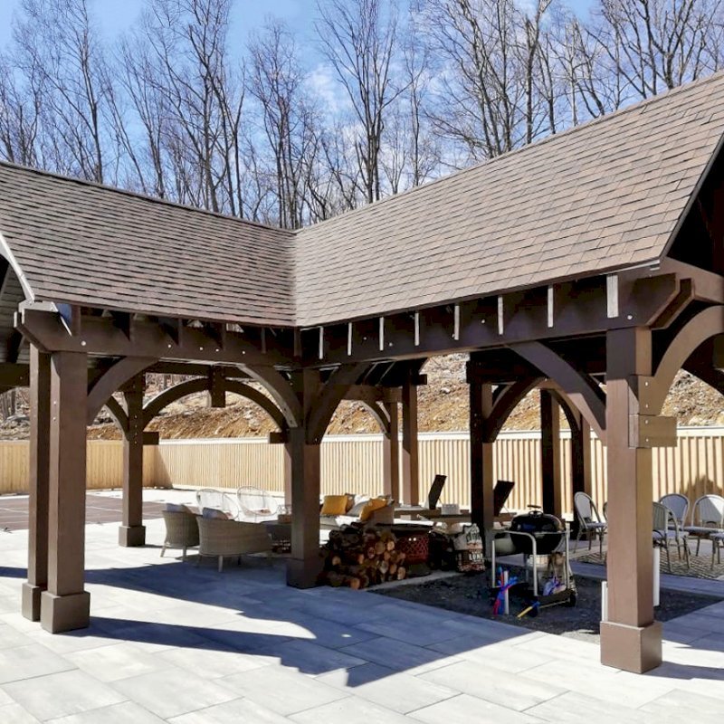 Custom Wood Pavilion Kits (Options: Douglas-fir, No Electrical Wiring Trim Kit, Gale-Wind Anchors, Coffee-Stain Premium Sealant). Photo Courtesy of M. Tzezailidis of Warwick, New York. Custom Wood Pavilion Kits (Options: Douglas-fir, No Electrical Wiring Trim Kit, Gale-Wind Anchors, Coffee-Stain Premium Sealant). Photo Courtesy of M. Tzezailidis of Warwick, New York.