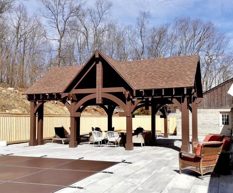 Custom Wood Pavilion Kits (Options: Douglas-fir, No Electrical Wiring Trim Kit, Gale-Wind Anchors, Coffee-Stain Premium Sealant). Photo Courtesy of M. Tzezailidis of Warwick, New York. Custom Wood Pavilion Kits (Options: Douglas-fir, No Electrical Wiring Trim Kit, Gale-Wind Anchors, Coffee-Stain Premium Sealant). Photo Courtesy of M. Tzezailidis of Warwick, New York.