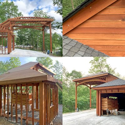 Custom Wood Pavilion Kits (Options: 26.5' x 14.5' [Enclosed Section], 24' x 14' [Open Section], California Redwood, 8x8 Posts, Posts Anchor Kit for High Wind, Transparent Premium Sealant). Photo Courtesy of L. Miller of Tupelo, Mississippi.