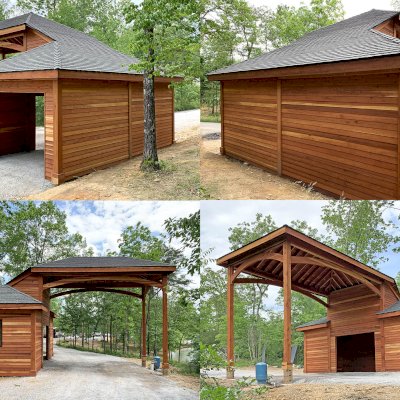 Custom Wood Pavilion Kits (Options: 26.5' x 14.5' [Enclosed Section], 24' x 14' [Open Section], California Redwood, 8x8 Posts, Posts Anchor Kit for High Wind, Transparent Premium Sealant). Photo Courtesy of L. Miller of Tupelo, Mississippi.