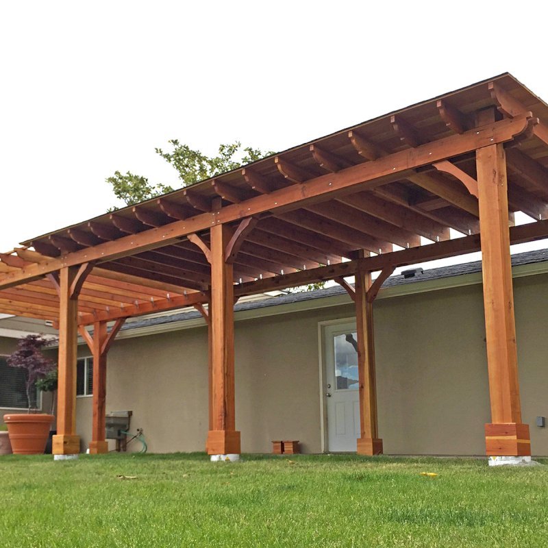 Custom Wood Pavilion Kits (Options: 24' L x 12' W, California Redwood, One Ceiling Fan Base, Electrical Wiring Trim Kit for 1 Post, Gale-Wind Anchors for 8 Posts, 8 x 8 Posts by Custom Request, Transparent Premium Sealant) with a 14' L x 12' W Garden Pergola Attached. Photo Courtesy of G. Scotzin of Pasco, WA. Custom Wood Pavilion Kits (Options: 24' L x 12' W, California Redwood, One Ceiling Fan Base, Electrical Wiring Trim Kit for 1 Post, Gale-Wind Anchors for 8 Posts, 8 x 8 Posts by Custom Request, Transparent Premium Sealant) with a 14' L x 12' W Garden Pergola Attached. Photo Courtesy of G. Scotzin of Pasco, WA.