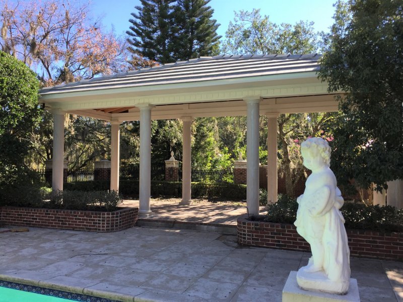 Custom Wood Pavilion Kits (Options: 32" L x 12" W, Douglas-Fir, 6-Post Kit for Hurricane, 10 ft Post Height, 3 Ceiling Fan Base, With Curtain Rods, decorative columns provided by client, added 2 coats of off white oil based primer to all the timbers but not to the interior ceiling.) Custom Wood Pavilion Kits (Options: 32" L x 12" W, Douglas-Fir, 6-Post Kit for Hurricane, 10 ft Post Height, 3 Ceiling Fan Base, With Curtain Rods, decorative columns provided by client, added 2 coats of off white oil based primer to all the timbers but not to the interior ceiling.)