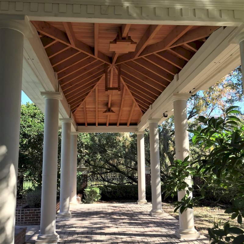 Custom Wood Pavilion Kits (Options: 32" L x 12" W, Douglas-Fir, 6-Post Kit for Hurricane, 10 ft Post Height, 3 Ceiling Fan Base, With Curtain Rods, decorative columns provided by client, added 2 coats of off white oil based primer to all the timbers but not to the interior ceiling.) Custom Wood Pavilion Kits (Options: 32" L x 12" W, Douglas-Fir, 6-Post Kit for Hurricane, 10 ft Post Height, 3 Ceiling Fan Base, With Curtain Rods, decorative columns provided by client, added 2 coats of off white oil based primer to all the timbers but not to the interior ceiling.)