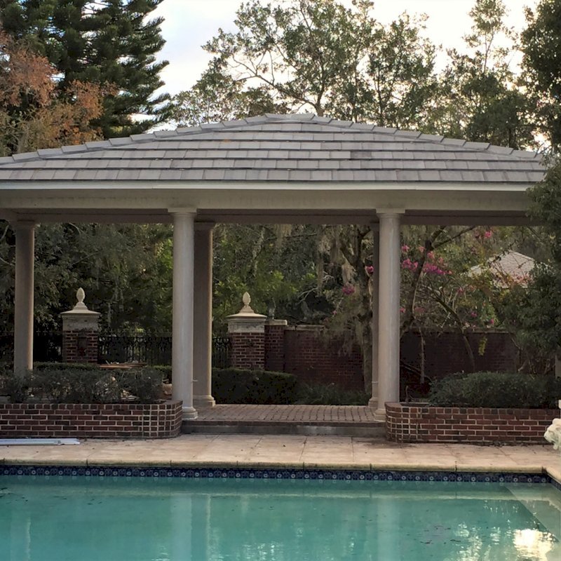 Custom Wood Pavilion Kits (Options: 32" L x 12" W, Douglas-Fir, 6-Post Kit for Hurricane, 10 ft Post Height, 3 Ceiling Fan Base, With Curtain Rods, decorative columns provided by client, added 2 coats of off white oil based primer to all the timbers but not to the interior ceiling.) Custom Wood Pavilion Kits (Options: 32" L x 12" W, Douglas-Fir, 6-Post Kit for Hurricane, 10 ft Post Height, 3 Ceiling Fan Base, With Curtain Rods, decorative columns provided by client, added 2 coats of off white oil based primer to all the timbers but not to the interior ceiling.)