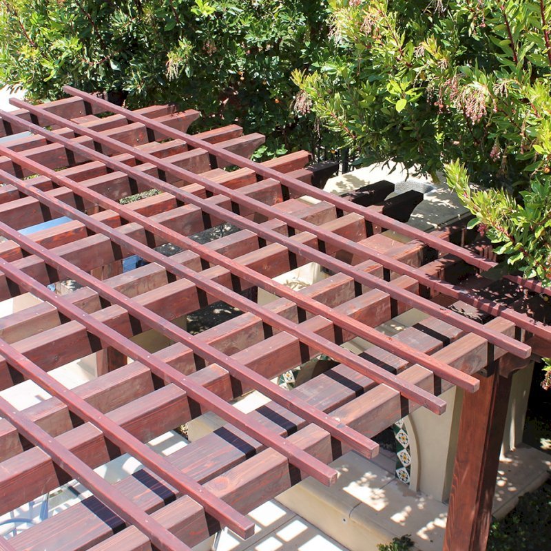 Custom Wooden Fat Timber Pergola (Options: 15' L x 15' W, Old Growth Redwood, Include Wiring Trim for 1 Post, Open Roof with Slats at 18" Rafters at 18" Roof Support Timbers, No Anchor Kit, No Ceiling Fan Base, No Privacy Panels, No Curtain Rods, 11ft 6in Post Height square to outside corners, Include enough overhang to go to full 15 ft square roof size., Coffee-Stain Premium Sealant). Photo Courtesy of Bruce K. of Newport Coast, CA. Custom Wooden Fat Timber Pergola (Options: 15' L x 15' W, Old Growth Redwood, Include Wiring Trim for 1 Post, Open Roof with Slats at 18" Rafters at 18" Roof Support Timbers, No Anchor Kit, No Ceiling Fan Base, No Privacy Panels, No Curtain Rods, 11ft 6in Post Height square to outside corners, Include enough overhang to go to full 15 ft square roof size., Coffee-Stain Premium Sealant). Photo Courtesy of Bruce K. of Newport Coast, CA.