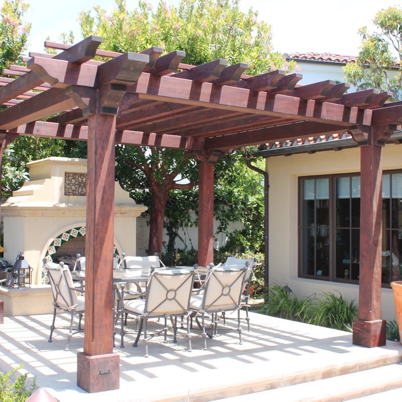 Custom Wooden Fat Timber Pergola (Options: 15' L x 15' W, Old Growth Redwood, Include Wiring Trim for 1 Post, Open Roof with Slats at 18" Rafters at 18" Roof Support Timbers, No Anchor Kit, No Ceiling Fan Base, No Privacy Panels, No Curtain Rods, 11ft 6in Post Height square to outside corners, Include enough overhang to go to full 15 ft square roof size., Coffee-Stain Premium Sealant). Photo Courtesy of Bruce K. of Newport Coast, CA. Custom Wooden Fat Timber Pergola (Options: 15' L x 15' W, Old Growth Redwood, Include Wiring Trim for 1 Post, Open Roof with Slats at 18" Rafters at 18" Roof Support Timbers, No Anchor Kit, No Ceiling Fan Base, No Privacy Panels, No Curtain Rods, 11ft 6in Post Height square to outside corners, Include enough overhang to go to full 15 ft square roof size., Coffee-Stain Premium Sealant). Photo Courtesy of Bruce K. of Newport Coast, CA.