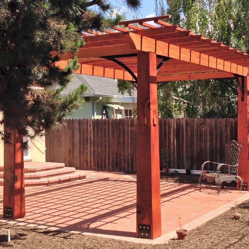 Custom Wooden Fat Timber Pergola (Options: 20'-6" x 13'-4", Mature Redwood, Larger Timbers and Metal Diagonal Braces by Custom Request). Photo Courtesy of John & Marilyn Raffensperger of Santa Monica, CA Custom Wooden Fat Timber Pergola (Options: 20'-6" x 13'-4", Mature Redwood, Larger Timbers and Metal Diagonal Braces by Custom Request). Photo Courtesy of John & Marilyn Raffensperger of Santa Monica, CA
