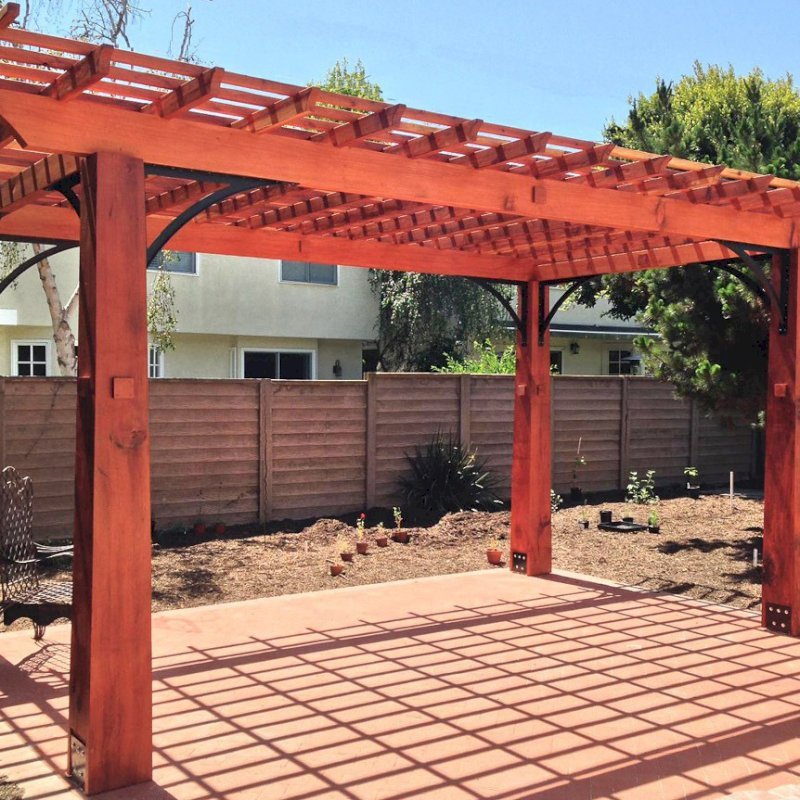 Custom Wooden Fat Timber Pergola (Options: 20'-6" x 13'-4", Mature Redwood, Larger Timbers and Metal Diagonal Braces by Custom Request). Photo Courtesy of John & Marilyn Raffensperger of Santa Monica, CA Custom Wooden Fat Timber Pergola (Options: 20'-6" x 13'-4", Mature Redwood, Larger Timbers and Metal Diagonal Braces by Custom Request). Photo Courtesy of John & Marilyn Raffensperger of Santa Monica, CA