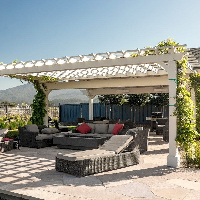Custom Wooden Pergola with Attached Pavilion (Options: 26' L x 12' W, California Redwood, No Electrical Wiring Trim Kit, Post Anchor Kit for High-Wind, Custom White Paint) with a Garden Pergola Attached. Photo Courtesy of M. Hansen of St. Helena, California. Custom Wooden Pergola with Attached Pavilion (Options: 26' L x 12' W, California Redwood, No Electrical Wiring Trim Kit, Post Anchor Kit for High-Wind, Custom White Paint) with a Garden Pergola Attached. Photo Courtesy of M. Hansen of St. Helena, California.