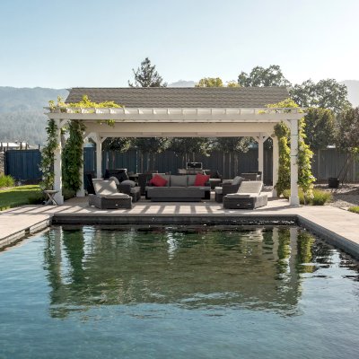 Custom Wooden Pergola with Attached Pavilion (Options: 26' L x 12' W, California Redwood, No Electrical Wiring Trim Kit, Post Anchor Kit for High-Wind, Custom White Paint) with a Garden Pergola Attached. Photo Courtesy of M. Hansen of St. Helena, California.