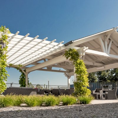 Custom Wooden Pergola with Attached Pavilion (Options: 26' L x 12' W, California Redwood, No Electrical Wiring Trim Kit, Post Anchor Kit for High-Wind, Custom White Paint) with a Garden Pergola Attached. Photo Courtesy of M. Hansen of St. Helena, California.