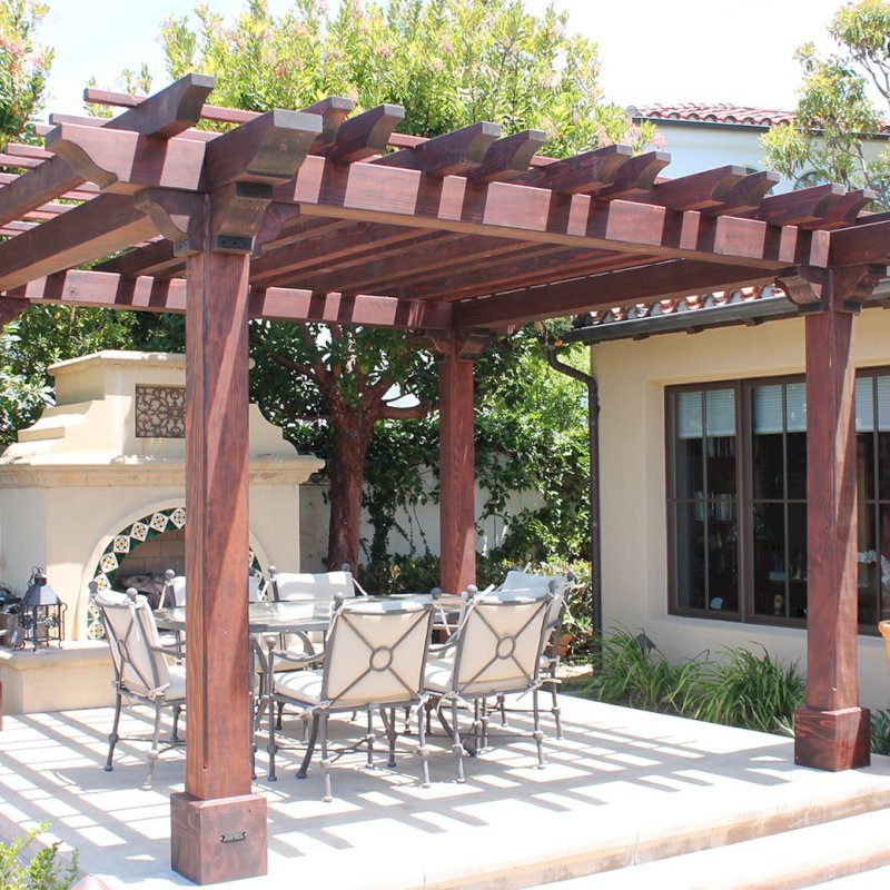 Custom Wooden Fat Timber Pergola (Options: 15' L x 15' W, Old Growth Redwood, Include Wiring Trim for 1 Post, Open Roof with Slats at 18" Rafters at 18" Roof Support Timbers, 4-Post Anchor Kit for Concrete, No Ceiling Fan Base, No Privacy Panels, No Curtain Rods, 11ft 6in Post Height square to outside corners, Include enough overhang to go to full 15 ft square roof size., Coffee-Stain Premium Sealant). Photo Courtesy of Bruce K. of Newport Coast, CA. Custom Wooden Fat Timber Pergola (Options: 15' L x 15' W, Old Growth Redwood, Include Wiring Trim for 1 Post, Open Roof with Slats at 18" Rafters at 18" Roof Support Timbers, 4-Post Anchor Kit for Concrete, No Ceiling Fan Base, No Privacy Panels, No Curtain Rods, 11ft 6in Post Height square to outside corners, Include enough overhang to go to full 15 ft square roof size., Coffee-Stain Premium Sealant). Photo Courtesy of Bruce K. of Newport Coast, CA.