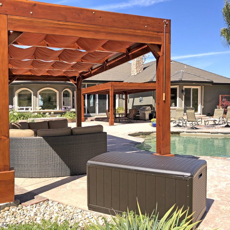 Custom Pergolas (Options: 20' x 12', Mature Redwood, Posts Anchor Kit for Hurricane, Transparent Premium Sealant). Retractable Shade Canopies Installed by Customer. Photo Courtesy of D. Ruprecht of Hollister, CA. Custom Pergolas (Options: 20' x 12', Mature Redwood, Posts Anchor Kit for Hurricane, Transparent Premium Sealant). Retractable Shade Canopies Installed by Customer. Photo Courtesy of D. Ruprecht of Hollister, CA.