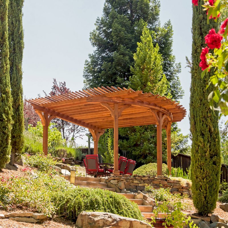 Custom Wooden Pergola (Options: 17' L x 17' W, California Redwood, Electrical Wiring Trim for 1 Post, 5-Post Anchor Kit for Concrete, No Ceiling Fan Base, No Privacy Panels, No Curtain Rods, Transparent Premium Sealant). Photo Courtesy of K. Drahmann of El Dorado Hills, CA. Custom Wooden Pergola (Options: 17' L x 17' W, California Redwood, Electrical Wiring Trim for 1 Post, 5-Post Anchor Kit for Concrete, No Ceiling Fan Base, No Privacy Panels, No Curtain Rods, Transparent Premium Sealant). Photo Courtesy of K. Drahmann of El Dorado Hills, CA.