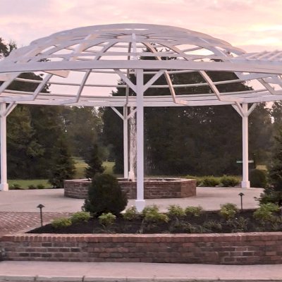 Custom Wooden Pergola (Options: 40' Diameter, Mature Redwood, Posts Anchor Kit for High-Wind, Off-White Oil-Based Primer and Kilz White Finish). Photo Courtesy of S. Hobson of Knoxville, Tennessee.