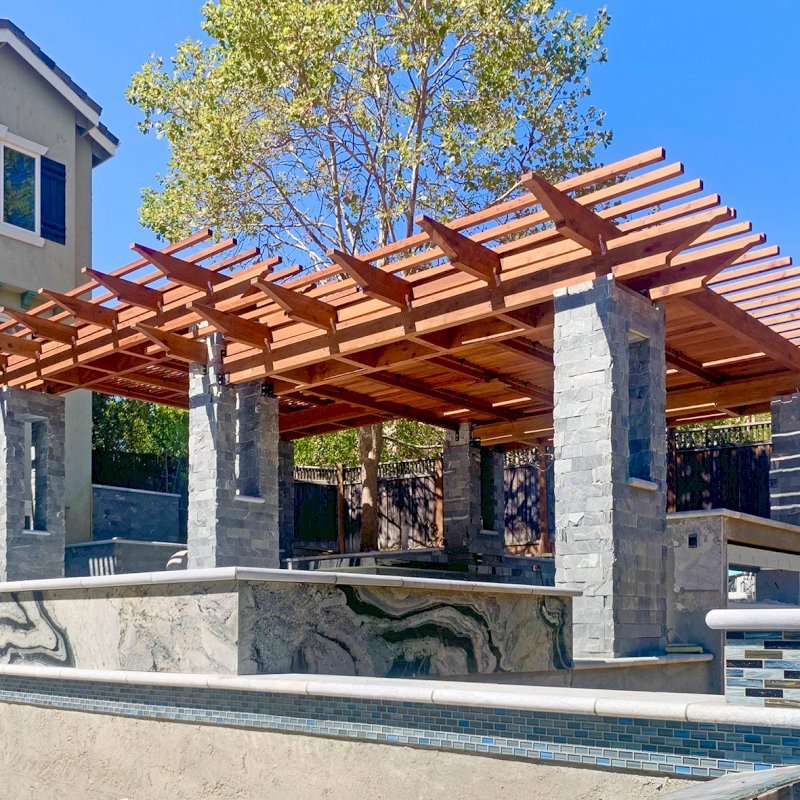 Custom Wooden Fat Timber Pergola (Options: 24' x 33', Mature Redwood, No Posts - Pergola Roof Installed Atop Existing Load Bearing Columns, with Louvered Panels, Transparent Premium Sealant). Photo Courtesy of C. Young of Los Gatos, CA. Custom Wooden Fat Timber Pergola (Options: 24' x 33', Mature Redwood, No Posts - Pergola Roof Installed Atop Existing Load Bearing Columns, with Louvered Panels, Transparent Premium Sealant). Photo Courtesy of C. Young of Los Gatos, CA.