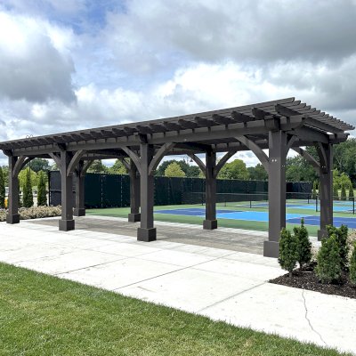 Custom Attached Wooden Pergola (Options: 15' 7 1/2" W x 44' L, California Redwood, 12 x 12 Posts, 9' H, Post Anchor Kit for High-Wind, Custom Stain). Photo Courtesy of C/O Country Club of Detroit, Grosse Pointe Farms, MI.