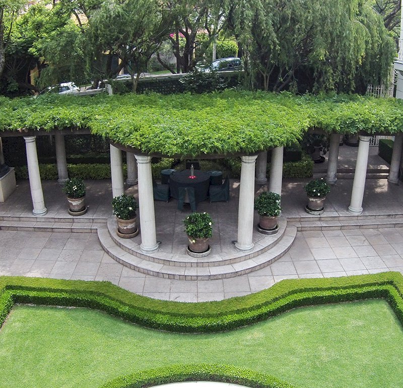 Custom Wooden Pergola (Options: 50' half circle, Old-Growth Redwood, No Posts, Transparent Premium Sealant). Pergola Installed in Mexico City. Photo Courtesy of Alfonso Barajas. Custom Wooden Pergola (Options: 50' half circle, Old-Growth Redwood, No Posts, Transparent Premium Sealant). Pergola Installed in Mexico City. Photo Courtesy of Alfonso Barajas.