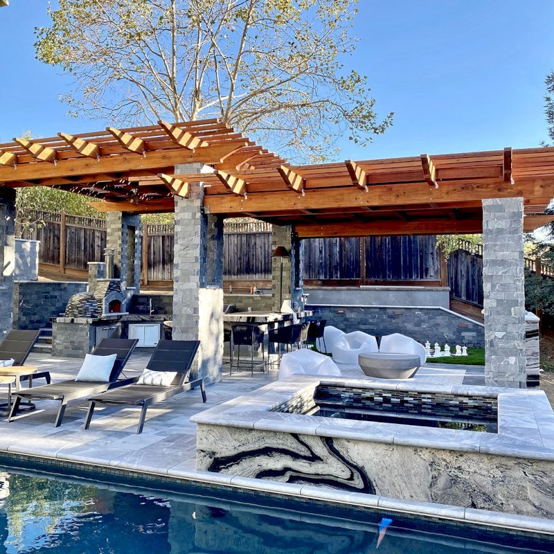Custom Wooden Fat Timber Pergola (Options: 24' x 33', Mature Redwood, No Posts - Pergola Roof Installed Atop Existing Load Bearing Columns, with Louvered Panels, Transparent Premium Sealant). Photo Courtesy of C. Young of Los Gatos, CA. Custom Wooden Fat Timber Pergola (Options: 24' x 33', Mature Redwood, No Posts - Pergola Roof Installed Atop Existing Load Bearing Columns, with Louvered Panels, Transparent Premium Sealant). Photo Courtesy of C. Young of Los Gatos, CA.