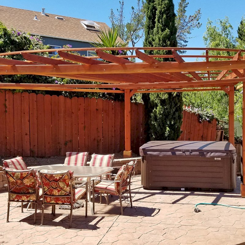 Custom Wooden Pergola (Options: 20' L, 13' W, California Redwood, 1 Electrical Wiring Trim, 4 Post Anchor Kit for High-Wind, No Privacy Panels, Curtain Rods on 4 sides, 8.5' Post Height, Transparent Premium Sealant). Photo Courtesy of Chip Hansel of Brisbane, CA. Custom Wooden Pergola (Options: 20' L, 13' W, California Redwood, 1 Electrical Wiring Trim, 4 Post Anchor Kit for High-Wind, No Privacy Panels, Curtain Rods on 4 sides, 8.5' Post Height, Transparent Premium Sealant). Photo Courtesy of Chip Hansel of Brisbane, CA.