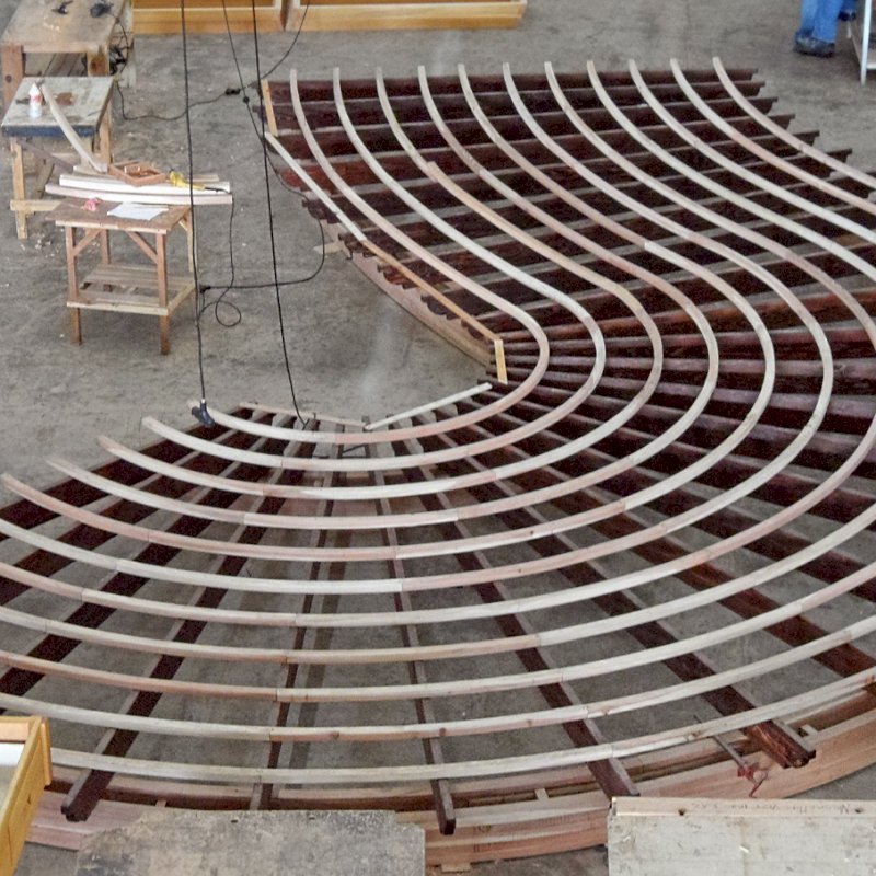 You dream it, we build it: This custom curvy pergola roof was photographed on the shop floor with the slats still unstained. It is a huge, complicated and beautiful project and we decided to post it to the site even unfinished to show it off in case the customer does not get around to sending photos after it is installed! Yes, we can build anything you can imagine if it is made from wood... You dream it, we build it: This custom curvy pergola roof was photographed on the shop floor with the slats still unstained. It is a huge, complicated and beautiful project and we decided to post it to the site even unfinished to show it off in case the customer does not get around to sending photos after it is installed! Yes, we can build anything you can imagine if it is made from wood...