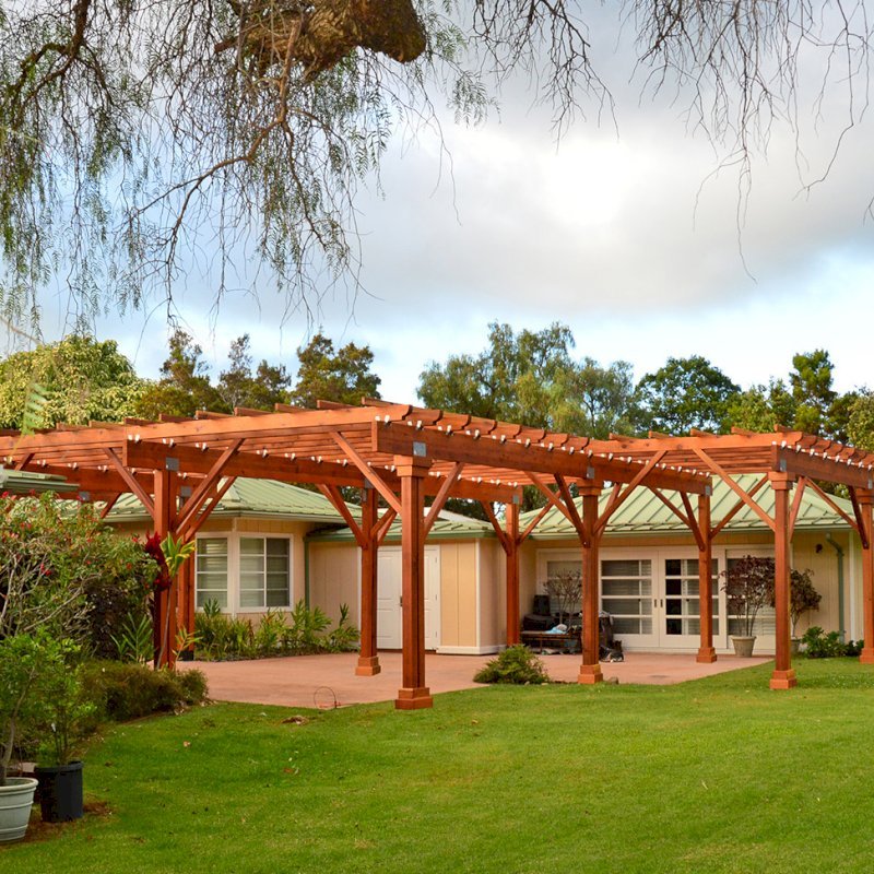 Custom Wooden Pergola (Options: 39' x 50', Mature Redwood, 3 1/8" x 15" Glulam Beams/Supports, 3 3/4" x 7 1/4" Rafters and 1 3/4" x 3 3/4" Slats, Double 5 /12" x 5 1/2" x 10' Posts, Custom Post Anchors, Transparent Premium Sealant). Photo Courtesy of D. Cole of Maui, Hawaii. Custom Wooden Pergola (Options: 39' x 50', Mature Redwood, 3 1/8" x 15" Glulam Beams/Supports, 3 3/4" x 7 1/4" Rafters and 1 3/4" x 3 3/4" Slats, Double 5 /12" x 5 1/2" x 10' Posts, Custom Post Anchors, Transparent Premium Sealant). Photo Courtesy of D. Cole of Maui, Hawaii.