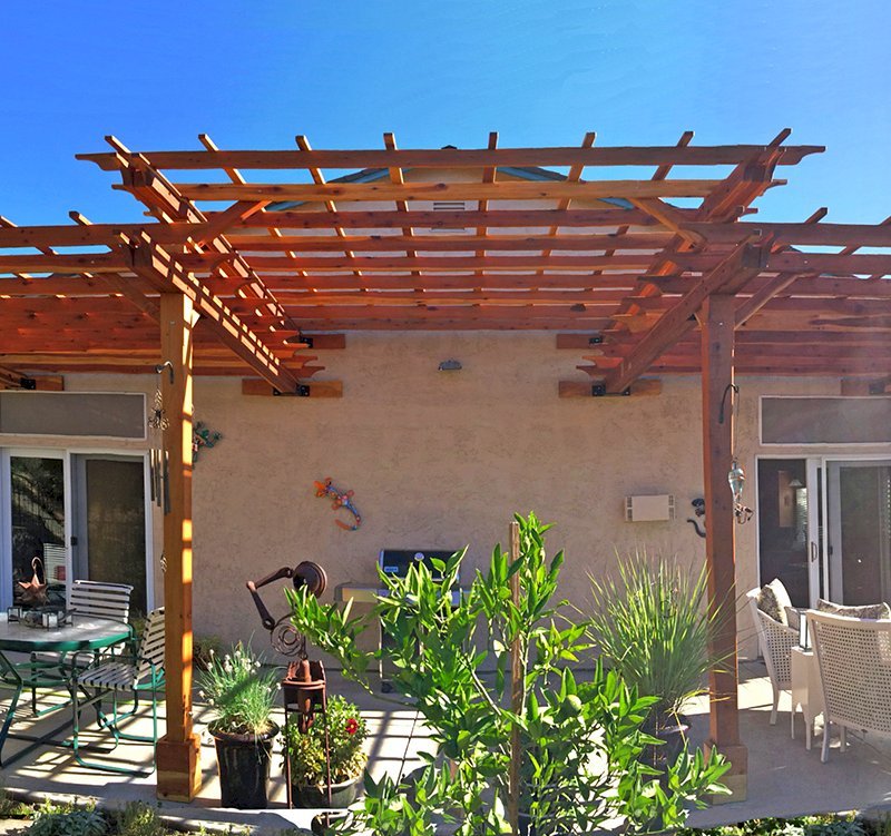 Custom Wooden Pergola (Options: 35' L, 13' W, California Redwood, No Electrical Wiring Trim, 4-Post Anchor Kit for Concrete, No Privacy Panels, No Curtain Rods, 10' & 11' Post Height, Transparent Premium Sealant). Photo Courtesy of D. Drake of Auburn, CA. Custom Wooden Pergola (Options: 35' L, 13' W, California Redwood, No Electrical Wiring Trim, 4-Post Anchor Kit for Concrete, No Privacy Panels, No Curtain Rods, 10' & 11' Post Height, Transparent Premium Sealant). Photo Courtesy of D. Drake of Auburn, CA.