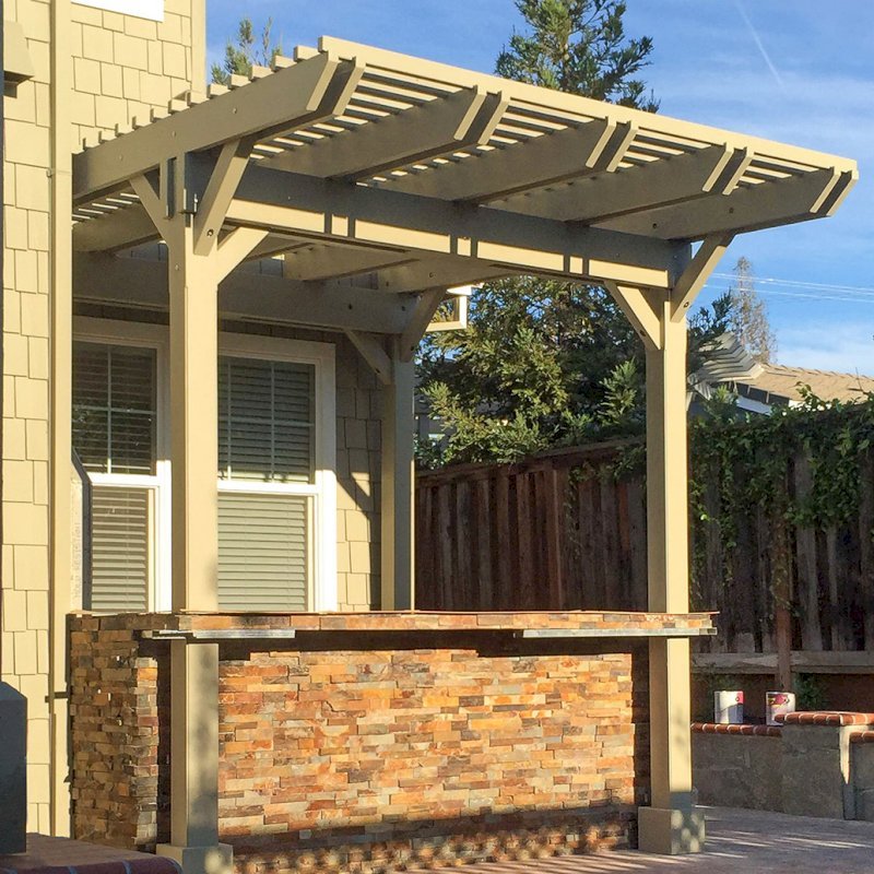 Custom Wooden Pergola (Options:12' x 9', California Redwood, Gray Oil-Based Primer and Custom Paint). Photo Courtesy of Unlimited Outdoor Kitchens of San Jose, CA. Custom Wooden Pergola (Options:12' x 9', California Redwood, Gray Oil-Based Primer and Custom Paint). Photo Courtesy of Unlimited Outdoor Kitchens of San Jose, CA.