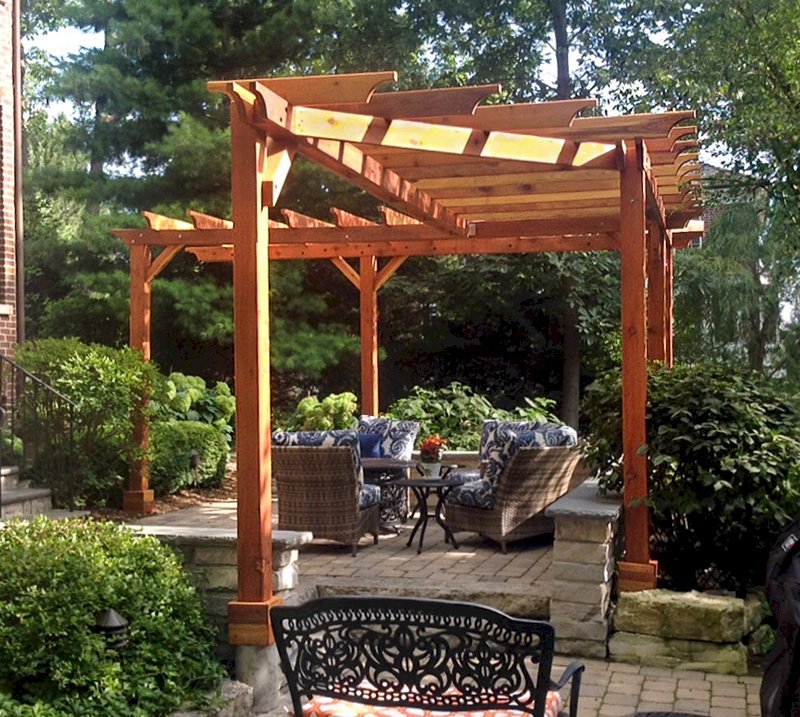 Custom Wooden Pergola (Options: Custom Designed L-Shaped Garden Pergola. Roof Size is 16' x 22 1/2' Approximately on Outer Edge and 6' Wide all Around with a 45 Degree Cut on One End. Have 2x6 Roof Rafters Spaced 18 Inches on Center with 2x2 Slats Spaced Also 18 Inches on Center for Initial Drawing. California Redwood, Trasnparent Premium Sealant). Custom Wooden Pergola (Options: Custom Designed L-Shaped Garden Pergola. Roof Size is 16' x 22 1/2' Approximately on Outer Edge and 6' Wide all Around with a 45 Degree Cut on One End. Have 2x6 Roof Rafters Spaced 18 Inches on Center with 2x2 Slats Spaced Also 18 Inches on Center for Initial Drawing. California Redwood, Trasnparent Premium Sealant).
