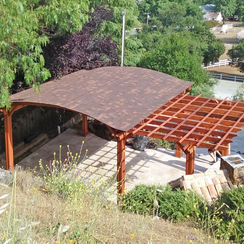 Custom Wooden Pergola with Pavilion (Options: Mature Redwood with Pavilion Ceiling in Old-Growth Redwood, with 2 Fan Bases, Electrical Wiring Trim Kit for 1 Post, 6-Post Anchor Kit for High-Wind, Transparent Premium Sealant). Backyard Pavilion is sized 18 x 18 ft and Garden Pergola is 9 x 14 ft. Yes, you can mix and match different pergola and pavilions in almost any size and configuration to make the perfect shade structure for your yard. Photo Courtesy of Joan Angwin of Morgan Hill, CA. Custom Wooden Pergola with Pavilion (Options: Mature Redwood with Pavilion Ceiling in Old-Growth Redwood, with 2 Fan Bases, Electrical Wiring Trim Kit for 1 Post, 6-Post Anchor Kit for High-Wind, Transparent Premium Sealant). Backyard Pavilion is sized 18 x 18 ft and Garden Pergola is 9 x 14 ft. Yes, you can mix and match different pergola and pavilions in almost any size and configuration to make the perfect shade structure for your yard. Photo Courtesy of Joan Angwin of Morgan Hill, CA.