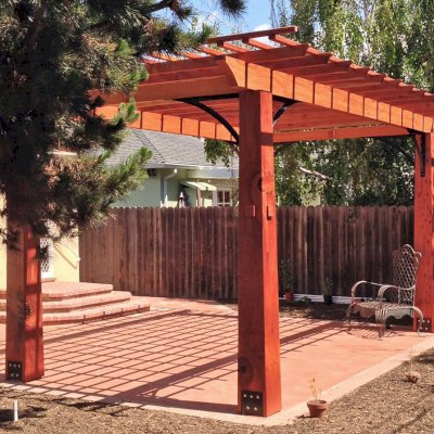 Custom Wooden Fat Timber Pergola (Options: 20'-6" x 13'-4", Mature Redwood, Larger Timbers and Metal Diagonal Braces by Custom Request). Photo Courtesy of John & Marilyn Raffensperger of Santa Monica, CA