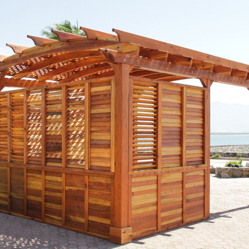 Custom Arched Pergola (Options: 16' x 14', California Redwood, with Louvers and Fixed Panels, with Lattice Roof, Transparent Premium Sealant). Photo Courtesy of George Jackson of Commerce Township, Michigan. Custom Arched Pergola (Options: 16' x 14', California Redwood, with Louvers and Fixed Panels, with Lattice Roof, Transparent Premium Sealant). Photo Courtesy of George Jackson of Commerce Township, Michigan.
