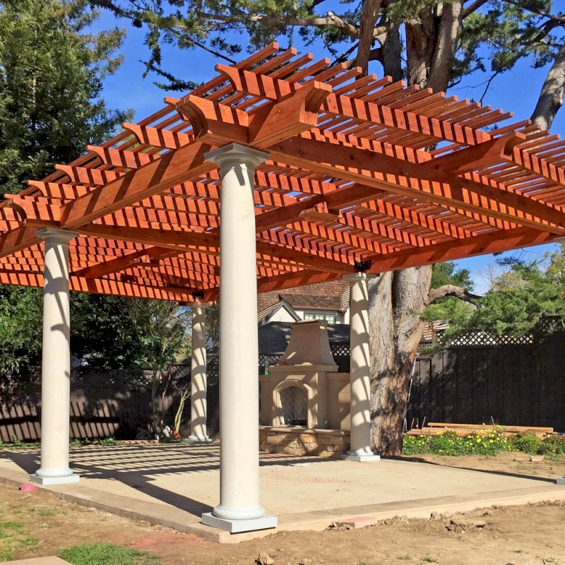 Custom Wooden Pergola (Options: 19' x 32', Mature Redwood, 4-Post Anchor Kit for High-Wind, Trasnparent Premium Sealant). Customer Placed Tuscan Columns Around the Pergola Posts. Photo Courtesy of M. McCook of San Mateo, CA. Custom Wooden Pergola (Options: 19' x 32', Mature Redwood, 4-Post Anchor Kit for High-Wind, Trasnparent Premium Sealant). Customer Placed Tuscan Columns Around the Pergola Posts. Photo Courtesy of M. McCook of San Mateo, CA.