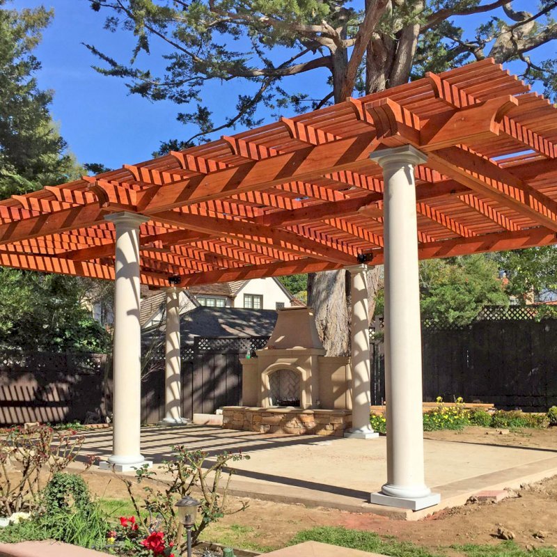 Custom Pergola (Options: 19' x 32', Mature Redwood, 4-Post Kit for Hurricane, Trasnparent Premium Sealant). Customer Placed Tuscan Columns Around the Pergola Posts. Photo Courtesy of M. McCook of San Mateo, CA. Custom Pergola (Options: 19' x 32', Mature Redwood, 4-Post Kit for Hurricane, Trasnparent Premium Sealant). Customer Placed Tuscan Columns Around the Pergola Posts. Photo Courtesy of M. McCook of San Mateo, CA.