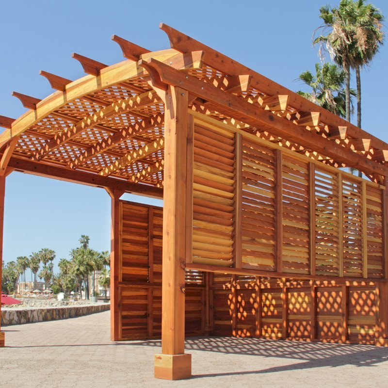 Custom Arched Pergola (Options: 16' x 14', California Redwood, with Louvers and Fixed Panels, with Lattice Roof, Transparent Premium Sealant). Photo Courtesy of George Jackson of Commerce Township, Michigan. Custom Arched Pergola (Options: 16' x 14', California Redwood, with Louvers and Fixed Panels, with Lattice Roof, Transparent Premium Sealant). Photo Courtesy of George Jackson of Commerce Township, Michigan.