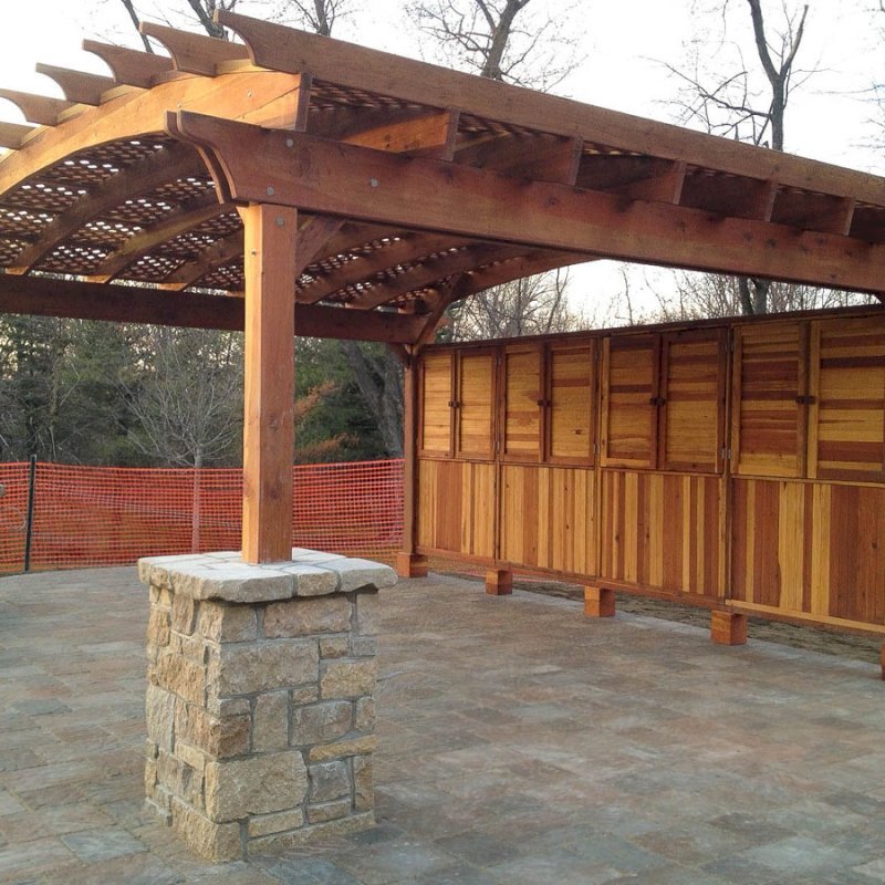 Custom Pergola (Options: 20' x 18', California Redwood, No Electrical Wiring Trim, Arched Roof with Lattice Panels, Lengthwise Roof Supports TImbers, 4-Post Anchor Kit for Stone, 4 1 Shutter Privacy Panels half height with wall, No Curtain Rods, Custom Post Size, Transparent Sealant). We can add just about any detail to a Pergola project. Photo Courtesy of Neil E. of St. Louis, MI. Custom Pergola (Options: 20' x 18', California Redwood, No Electrical Wiring Trim, Arched Roof with Lattice Panels, Lengthwise Roof Supports TImbers, 4-Post Anchor Kit for Stone, 4 1 Shutter Privacy Panels half height with wall, No Curtain Rods, Custom Post Size, Transparent Sealant). We can add just about any detail to a Pergola project. Photo Courtesy of Neil E. of St. Louis, MI.