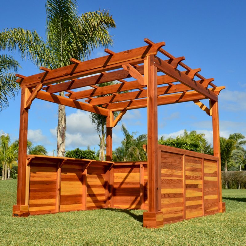 Custom Wooden Pergola (Options: 9 ft L x 9 ft W, California Redwood, 4-Post Anchor Kit for Concrete, No Ceiling Fan Bases, 3 Custom Solid Privacy Panels, No Curtain Rods, 7 ft Height Posts, Transparent Premium Sealant). Extra Custom Request: 2 Shelves. Custom Wooden Pergola (Options: 9 ft L x 9 ft W, California Redwood, 4-Post Anchor Kit for Concrete, No Ceiling Fan Bases, 3 Custom Solid Privacy Panels, No Curtain Rods, 7 ft Height Posts, Transparent Premium Sealant). Extra Custom Request: 2 Shelves.