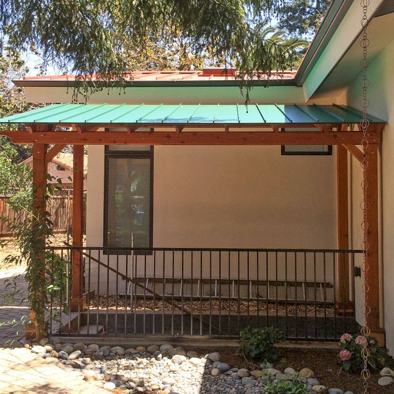 Custom Pergola (Options: 8'-5" x 15'-7", California Redwood, Flat Roof with 1x6 Tongue and Groove Boards and Metal Roof by Custom Request, Transparent Premium Sealant). Photo Courtesy of Steve A. of Atherton, CA. Custom Pergola (Options: 8'-5" x 15'-7", California Redwood, Flat Roof with 1x6 Tongue and Groove Boards and Metal Roof by Custom Request, Transparent Premium Sealant). Photo Courtesy of Steve A. of Atherton, CA.