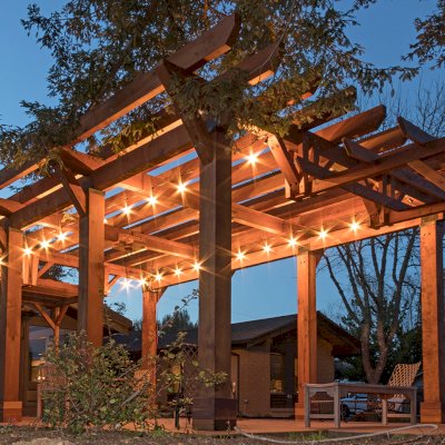 Custom Wooden Pergola (Options: 28' x 20', California Redwood, Posts Anchor Kit for Concrete, Transparent Premium Sealant). Photo Courtesy of S. Taplin of St. Helena, CA.