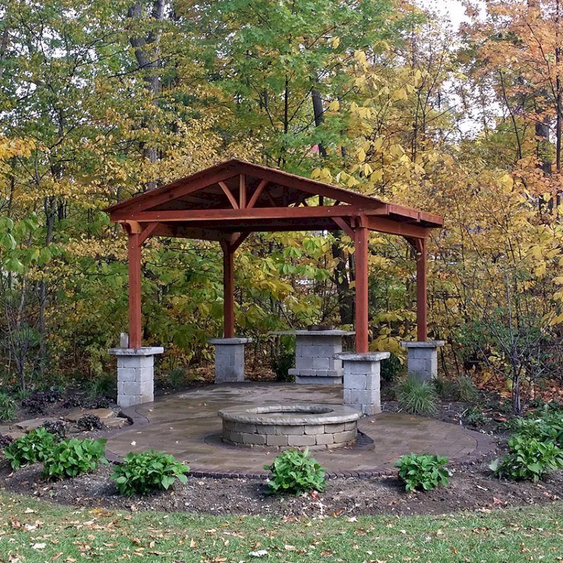 Del Norte Outdoor Kitchen Pavilion (Options: 14' L x 14' Triangle Base W, California Redwood, Unattached, 4 Post Anchor Kit for Stone, Brick or Concrete, No Electrical Wiring, 9 ft Post Height, No Ceiling Fan Base, No Privacy Panels, No Curtain Rods,Transparent Sealant). Photo Courtesy of Scott W. of Fishers, Indiana. Del Norte Outdoor Kitchen Pavilion (Options: 14' L x 14' Triangle Base W, California Redwood, Unattached, 4 Post Anchor Kit for Stone, Brick or Concrete, No Electrical Wiring, 9 ft Post Height, No Ceiling Fan Base, No Privacy Panels, No Curtain Rods,Transparent Sealant). Photo Courtesy of Scott W. of Fishers, Indiana.
