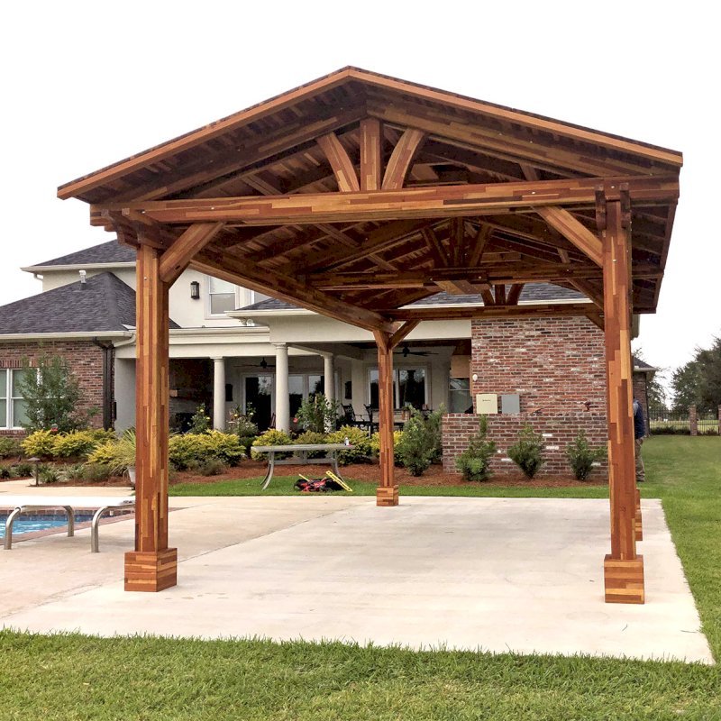 Del Norte Outdoor Kitchen Pavilion (Options: 18' L x 12' W, Mosaic Eco-Wood, 4-Post Kit for Concrete, 1 Ceiling Fan Base, 2 Electrical Wiring Trim Kits, No Post Decorative Trims, Transparent Premium Sealant). With 5 Posts by Custom Request. Photo Courtesy of A. Bamburg of Natchitoches, Louisiana. Del Norte Outdoor Kitchen Pavilion (Options: 18' L x 12' W, Mosaic Eco-Wood, 4-Post Kit for Concrete, 1 Ceiling Fan Base, 2 Electrical Wiring Trim Kits, No Post Decorative Trims, Transparent Premium Sealant). With 5 Posts by Custom Request. Photo Courtesy of A. Bamburg of Natchitoches, Louisiana.