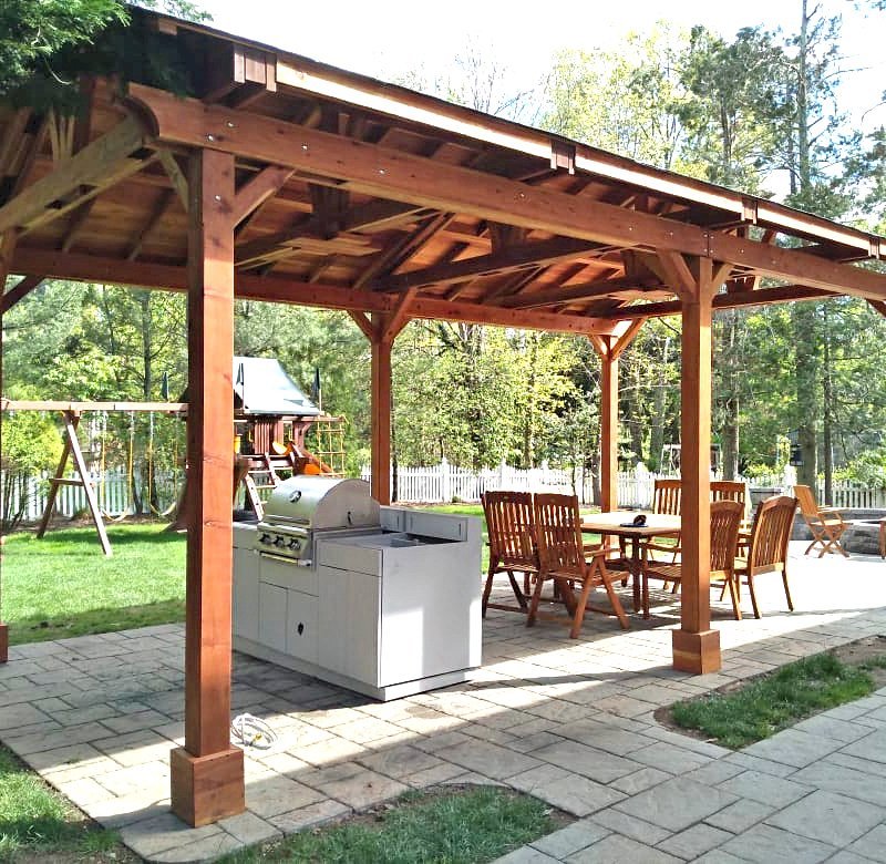 Del Norte Outdoor Kitchen Pavilion (Options: 25' L x 14' W, California Redwood, 6-Post Kit for Gale-Wind, 2 Ceiling Fan Bases, No Electrical Wiring Trim Kit, No Post Decorative Trim, Transparent Premium Sealant). Photo Courtesy of D. Meekings of Scotch Plains, New Jersey. Del Norte Outdoor Kitchen Pavilion (Options: 25' L x 14' W, California Redwood, 6-Post Kit for Gale-Wind, 2 Ceiling Fan Bases, No Electrical Wiring Trim Kit, No Post Decorative Trim, Transparent Premium Sealant). Photo Courtesy of D. Meekings of Scotch Plains, New Jersey.