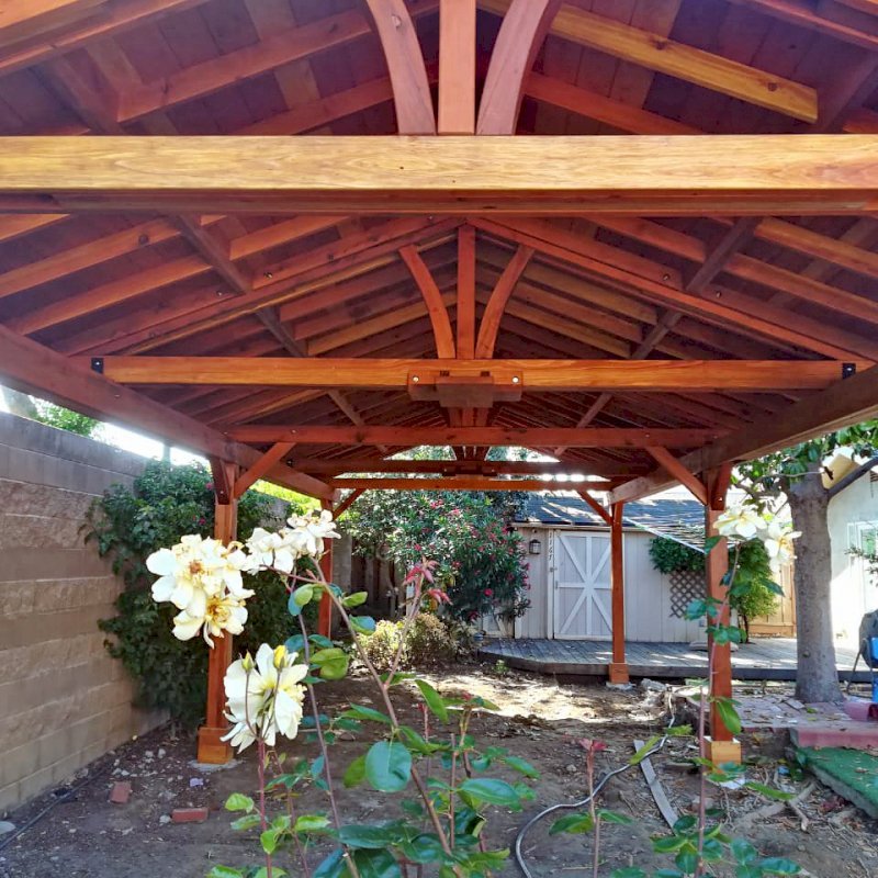Del Norte Outdoor Kitchen Pavilion (Options: 35' L x 15' W, California Redwood, 6-Post Kit for Gale-Wind, 2 Ceiling Fan Bases, 2 Electrical Wiring Trim Kits, No Post Decorative Trims, Transparent Premium Sealant). Photo Courtesy of D. Loyola of San Jose, California. Del Norte Outdoor Kitchen Pavilion (Options: 35' L x 15' W, California Redwood, 6-Post Kit for Gale-Wind, 2 Ceiling Fan Bases, 2 Electrical Wiring Trim Kits, No Post Decorative Trims, Transparent Premium Sealant). Photo Courtesy of D. Loyola of San Jose, California.